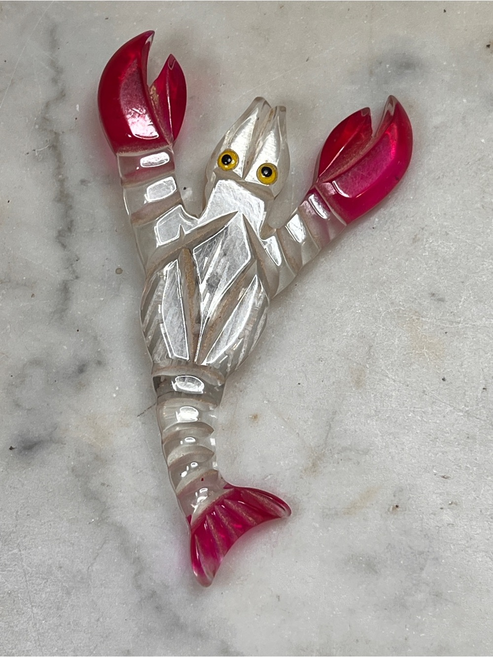 Vintage Clear and Red Carved Lucite Lobster/Crawfish Brooch 3 1/2" Unmarked